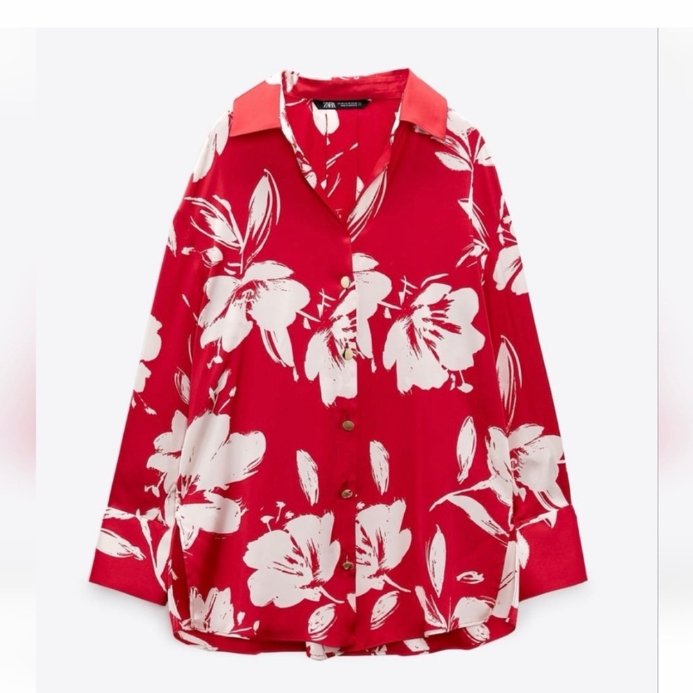 Zara red floral print satin blouse